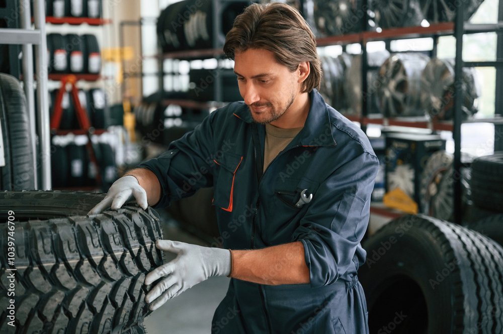 Good quality of product. Man is in the tire fitting car service Good quality of product. Man is in the tire fitting car service