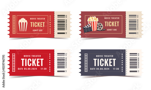 Movie theatre tickets isolated on white background. Set of different ticket designs Vector, cinema, film, movie, popcorn, play, party, event, festival ticket realistic template red and white . Ticket 