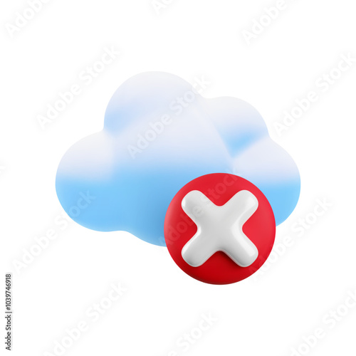 Vector cartoon 3d cloud computing error icon. Realistic render of cloud and red cross x sign. Wrong data storage concept, digital cloud technology online service failed sign, server disconnection.