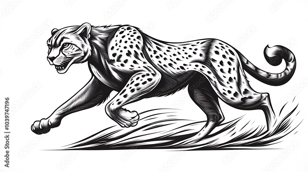 Fototapeta premium Minimalist sketch of a cheetah in full sprint, simple and clean lines on a white backdrop, capturing the energy and grace of its movement, hd quality, natural feel, soft lines.