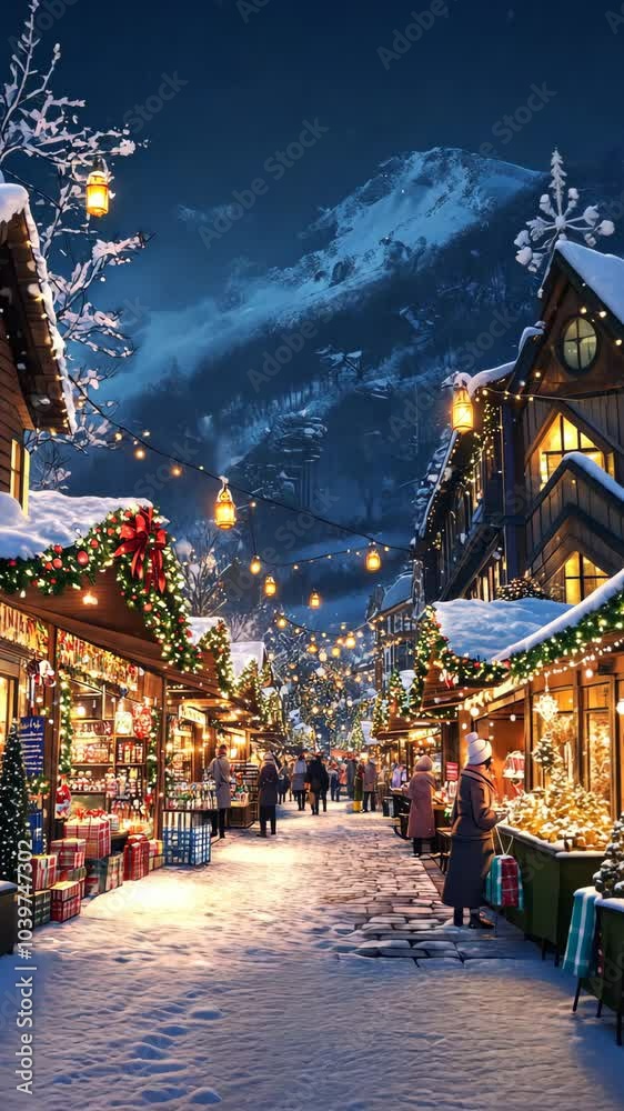 Explore a charming winter market adorned with lights and decorations in a snowy mountain village during the evening in December Explore a charming winter market adorned with lights and decorations in a snowy mountain village during the evening in December