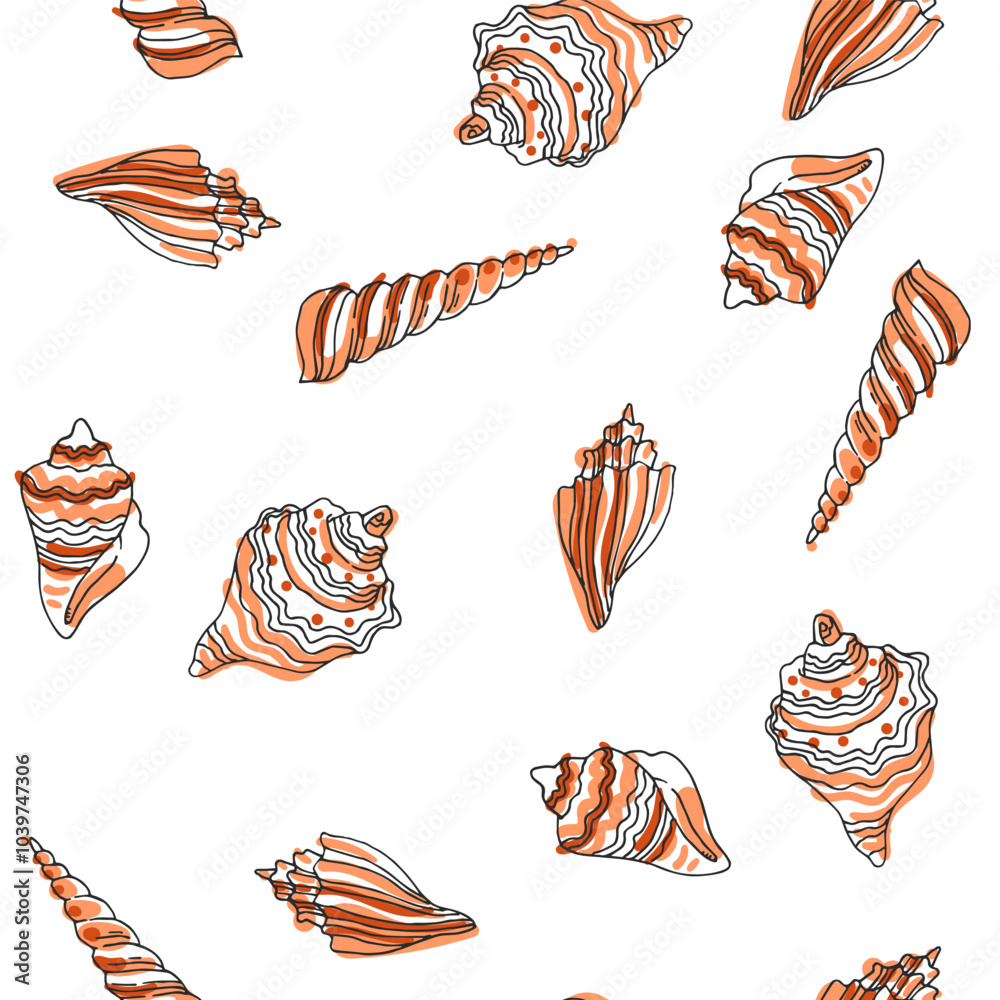 racoonsVector hand-drawn seamless pattern with shells isolated on white. Endless texture with marine elements in sketch style.