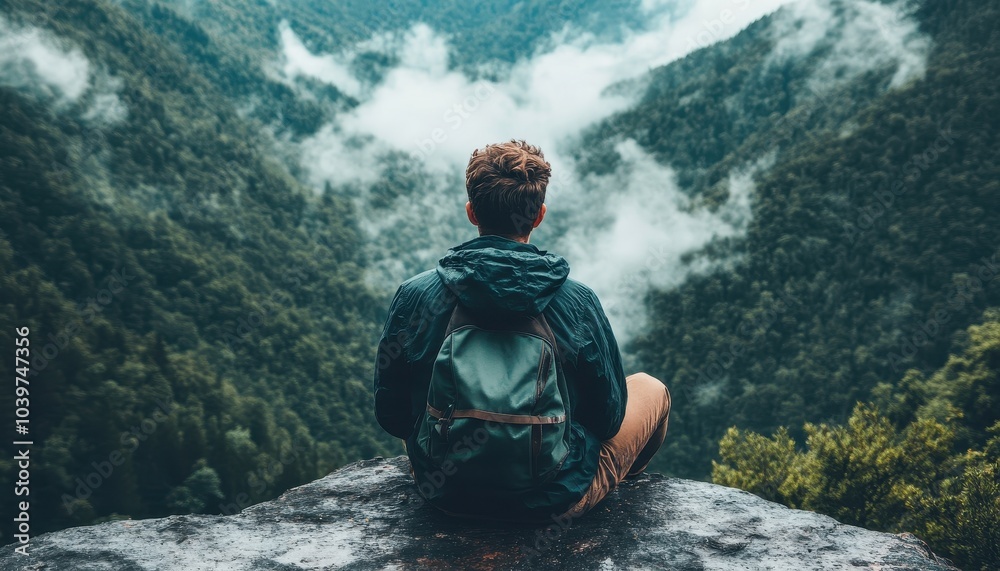 Back view of a sitting man observing the hills covered with rainforest