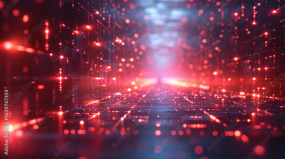 Futuristic digital corridor with glowing red and blue lights, featuring dynamic particle effects and a high-tech, cyber-inspired design, creating a sense of depth and energy flow.