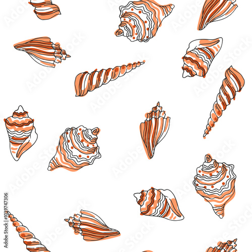 racoonsVector hand-drawn seamless pattern with shells isolated on white. Endless texture with marine elements in sketch style.