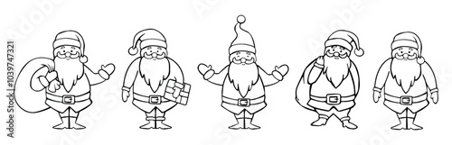 collection of sketches of santa claus in full growth vector hand drawing. santa claus standing and holding a bag with gifts vector set sketch
