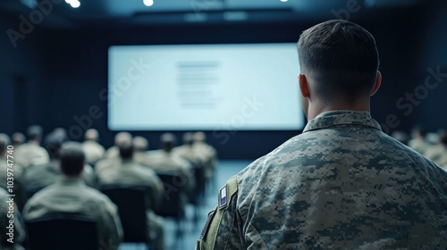 Soldier attending an educational seminar, focused on career transition from military to civilian life, in a modern conference room