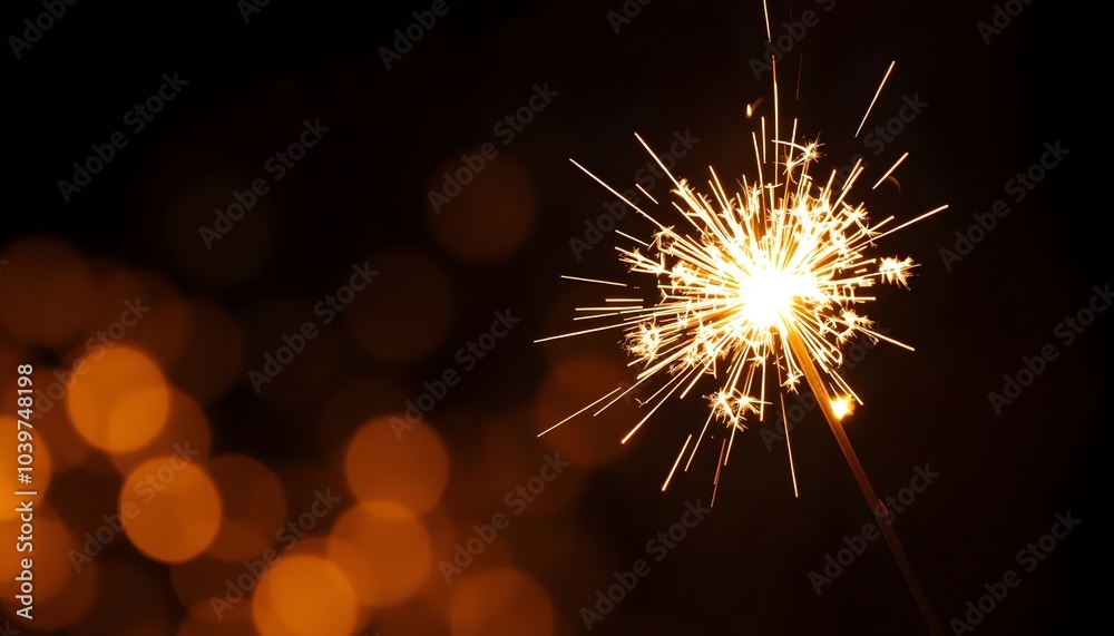 Fototapeta premium A glowing sparkler with blurry orange lights in the background