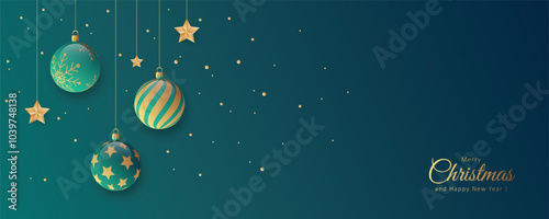 Elegant holiday banner with realistic hanging Christmas baubles