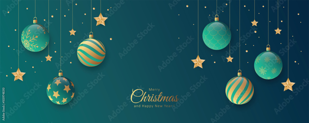 Fototapeta premium Elegant holiday banner with realistic hanging Christmas baubles