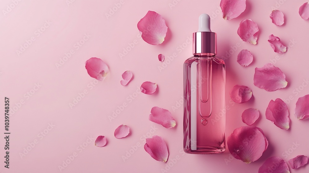 Pink rose petals and a dropper bottle of essential oil on a pink background. Pink rose petals and a dropper bottle of essential oil on a pink background.