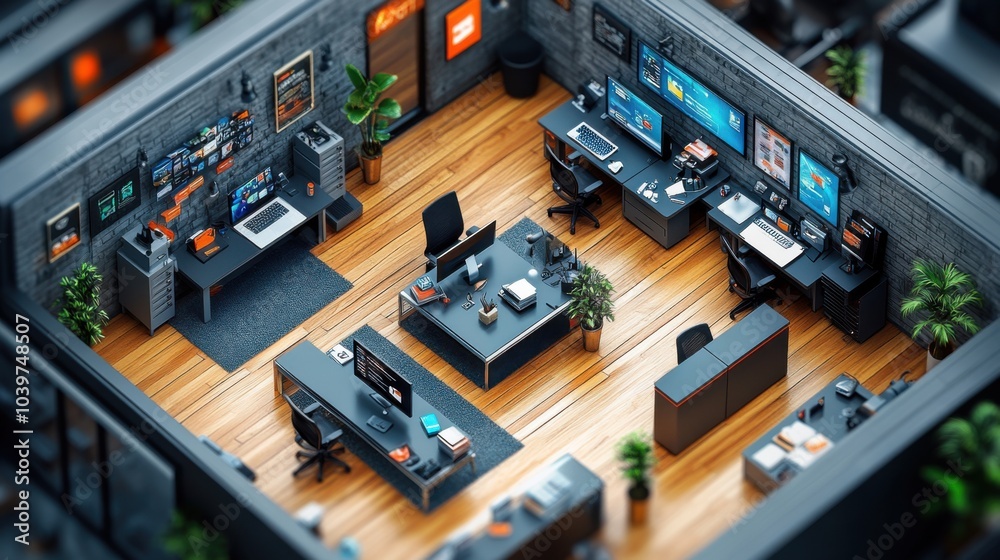 Modern office space with desks, computers, and plants. Modern office space with desks, computers, and plants.