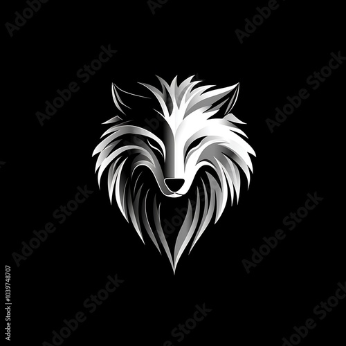 Abstract black and white wolf head with intricate details, set against a black background. photo