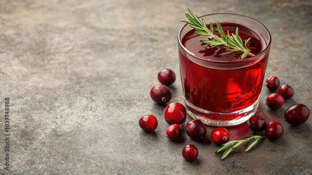 Glass of red refreshing drink with cranberries and rosemary garnish Glass of red refreshing drink with cranberries and rosemary garnish