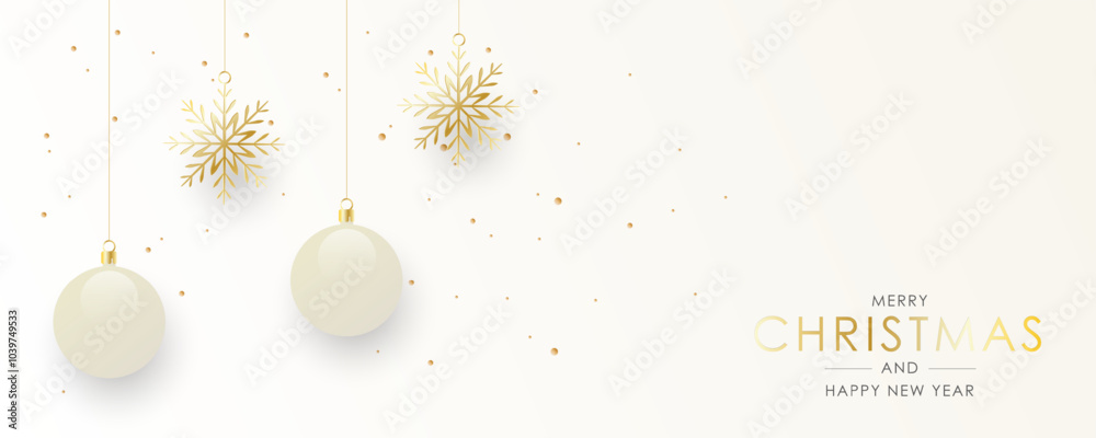 Fototapeta premium Elegant holiday banner with realistic hanging Christmas baubles