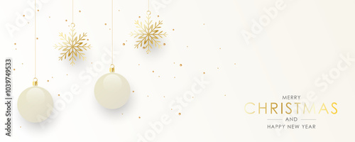 Elegant holiday banner with realistic hanging Christmas baubles