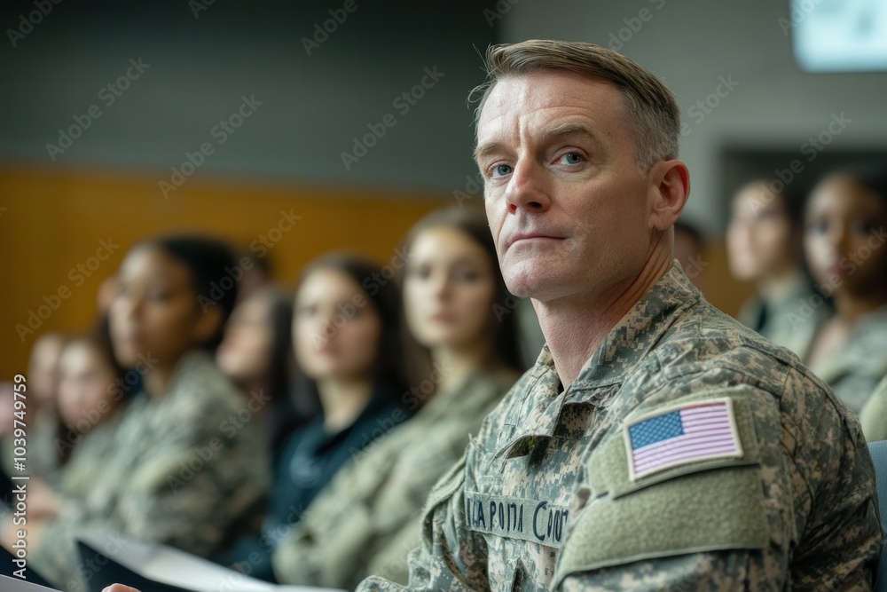 Veteran student in a college lecture, surrounded by classmates, deeply engaged in learning after years of military service Veteran student in a college lecture, surrounded by classmates, deeply engaged in learning after years of military service