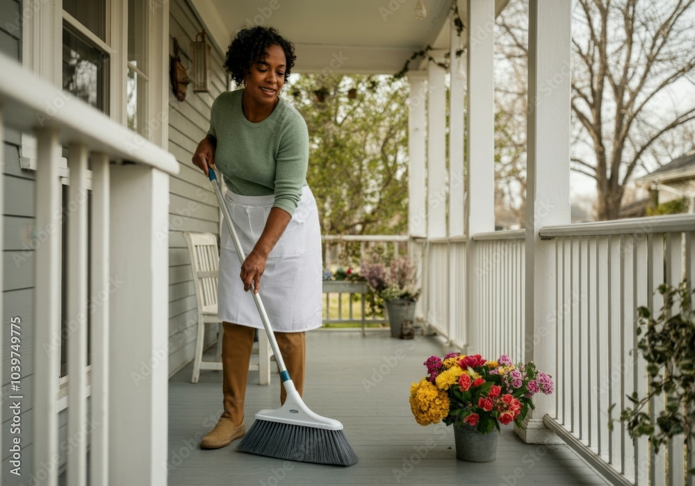 Woman is sweeping the floor of her porch on a beautiful spring day Woman is sweeping the floor of her porch on a beautiful spring day