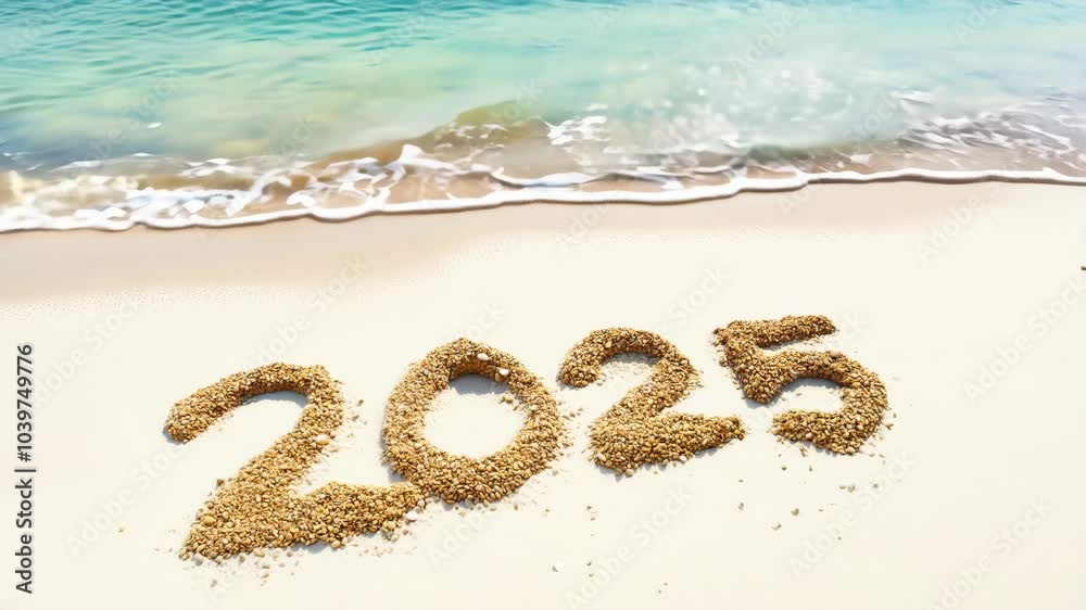 A beach with the new year 2025 written in sand. The beach is calm and peaceful, planning and savings for travel A beach with the new year 2025 written in sand. The beach is calm and peaceful, planning and savings for travel