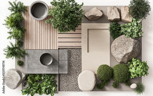 A detailed overhead perspective of a mood board featuring an arrangement of materials such as greenery, stone, and wood