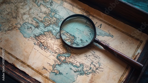 Antique map with magnifying glass revealing details