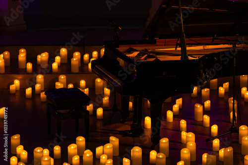 pianoforte on stage with lots of candles photo