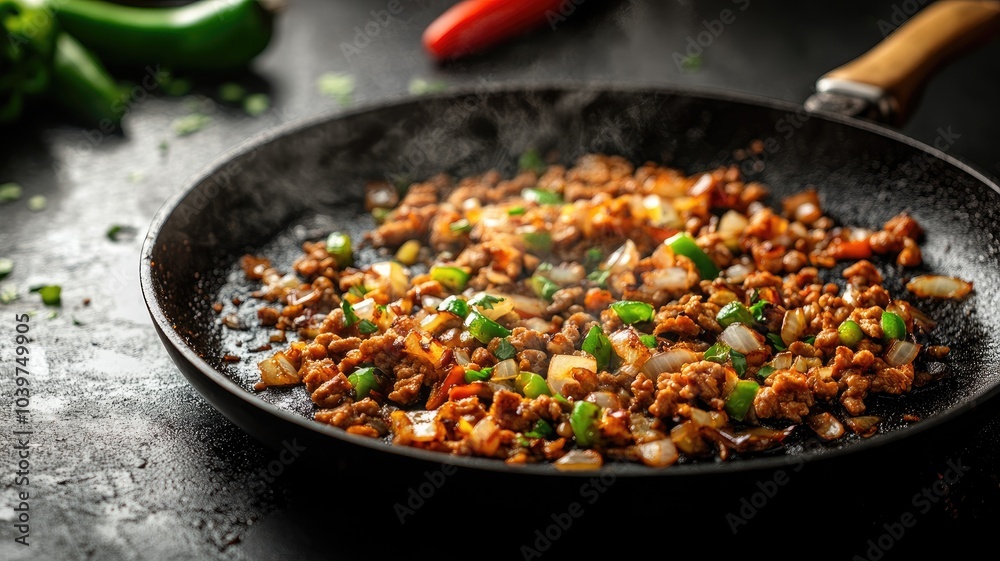 Sizzling ground meat, onions, and peppers cooked in skillet Sizzling ground meat, onions, and peppers cooked in skillet