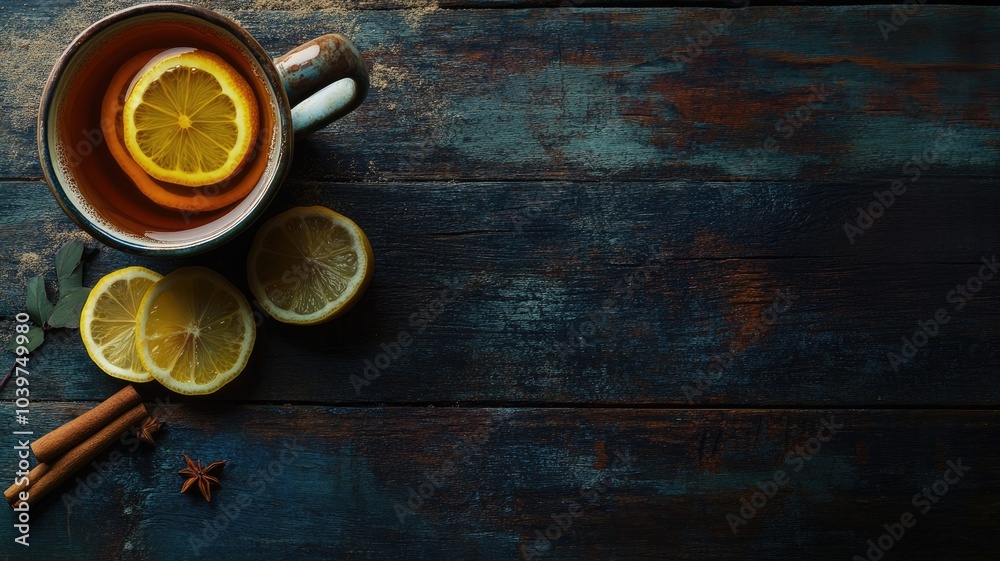 Cup of tea with lemon slices and cinnamon on rustic wooden table Cup of tea with lemon slices and cinnamon on rustic wooden table