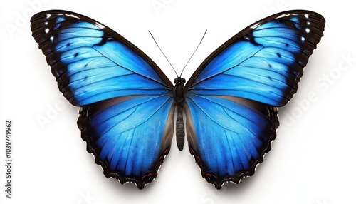 Beautiful blue butterfly, with intricate patterns, set on a pure white background for maximum effect