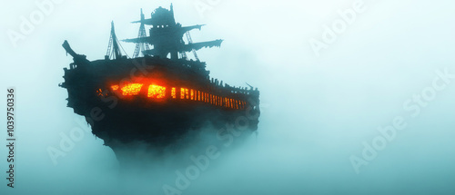 Ghostly pirate ship shrouded in eerie fog, radiant cursed gold illuminating the haunting scene, watercolor artistry capturing the mystery. photo