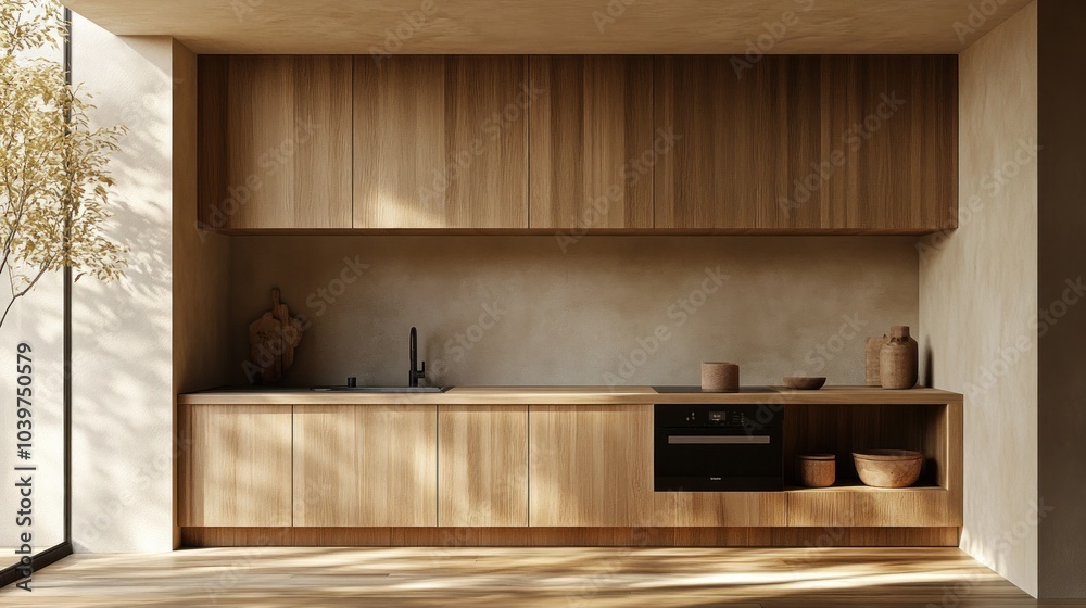 Wooden cabinets in a minimalist kitchen, blending natural materials with a simple, modern design for a warm, inviting atmosphere Wooden cabinets in a minimalist kitchen, blending natural materials with a simple, modern design for a warm, inviting atmosphere