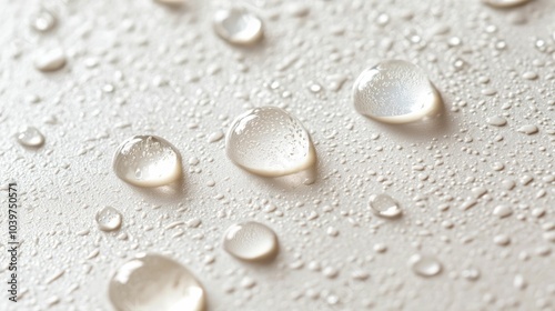 and Minimalist Closeup of Oil and Water Droplets on a Smooth White Surface with Soft Natural Lighting Highlighting the Delicate Texture and Reflections