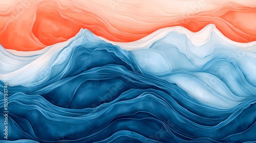 Abstract Blue and Orange Watercolor Landscape