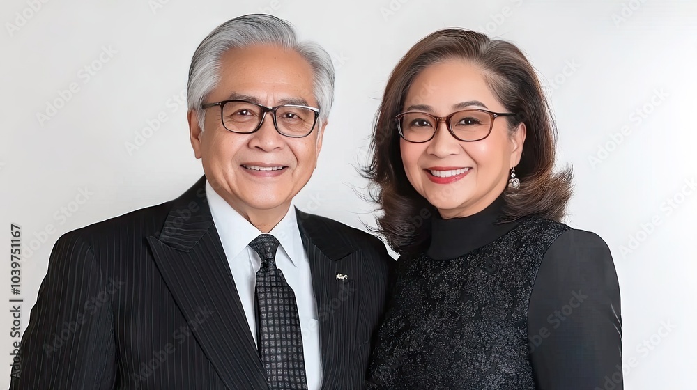 Joyful senior Filipino couple poses together in studio, celebrating love and life against a clean white backdrop Joyful senior Filipino couple poses together in studio, celebrating love and life against a clean white backdrop