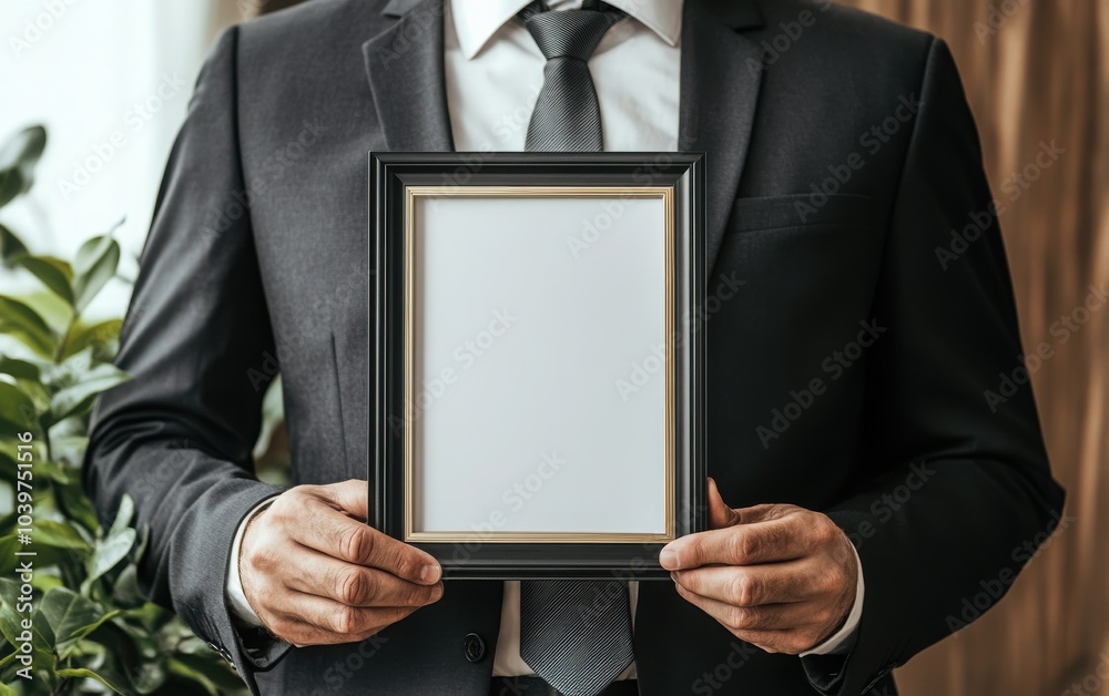 An engaging image of a top manager award mockup, showcasing a businessman with an empty photo frame An engaging image of a top manager award mockup, showcasing a businessman with an empty photo frame
