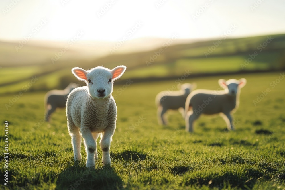 Lamb is standing in green grass with other lambs in the background Lamb is standing in green grass with other lambs in the background
