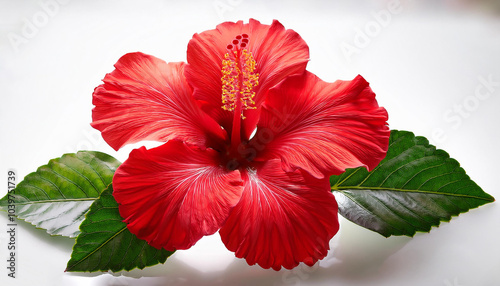 bright large red hibiscus flower and leaf isolated on white background