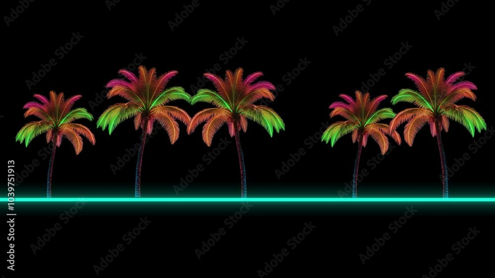 Palms Trees Animation On Black Background. Palms Trees Standing On Neon Glowing Line. Moving Palms Trees Retro Style Animation. Tropical Palms Trees Moving Animation. 