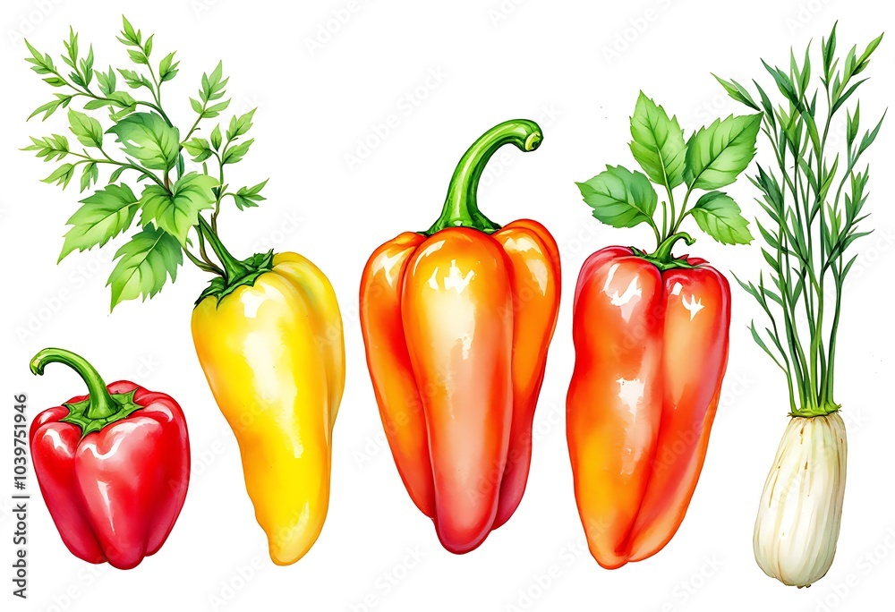watercolor drawing. set of vegetables and culinary herbs. basil, bell pepper, chili pepper, tomatoes
watercolor drawing. set of vegetables and culinary herbs. basil, bell pepper, chili pepper, tomatoes