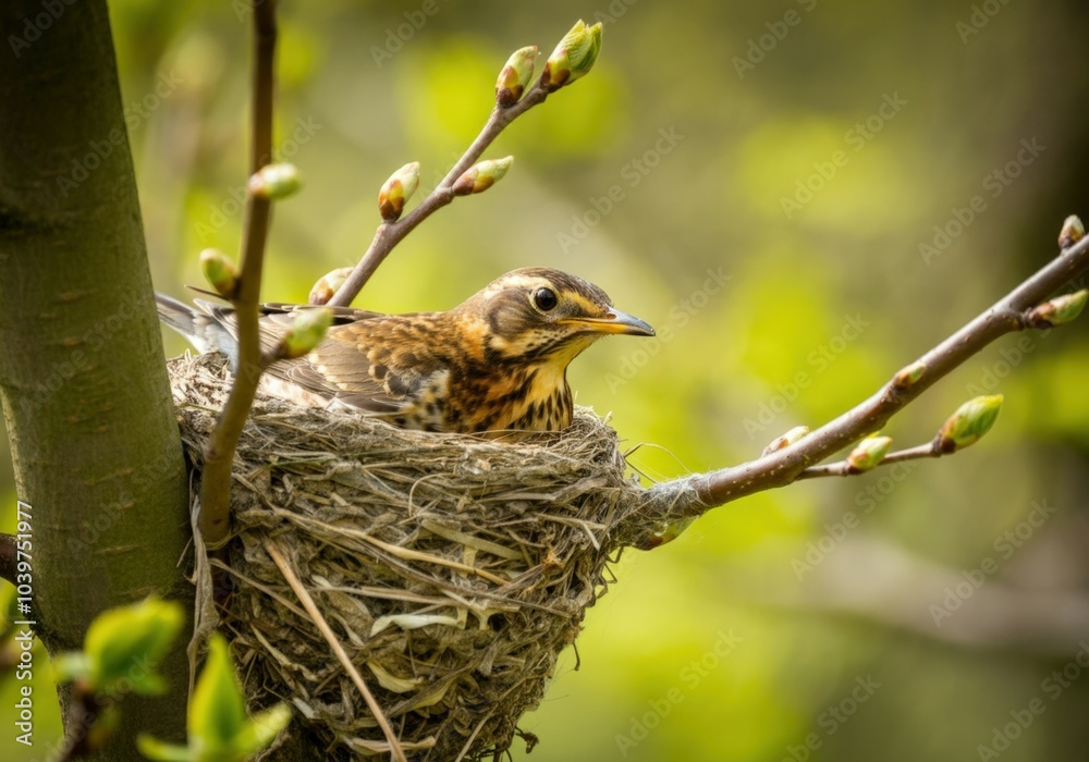 Bird is sitting on a nest in a tree branch, looking to the right of the frame, with a blurred background of green leaves Bird is sitting on a nest in a tree branch, looking to the right of the frame, with a blurred background of green leaves
