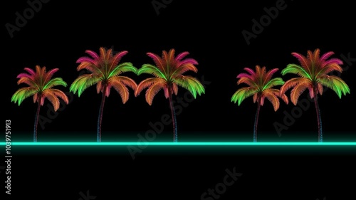 Palms Trees Animation On Black Background. Palms Trees Standing On Neon Glowing Line. Moving Palms Trees Retro Style Animation. Tropical Palms Trees Moving Animation. 