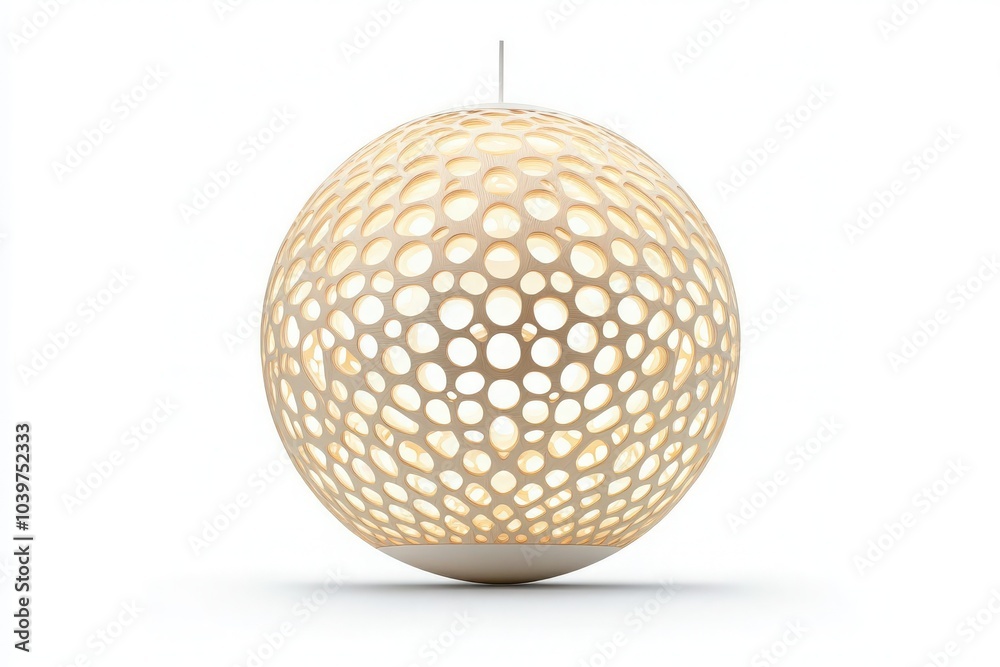 A minimalist designer lamp hangs gracefully in the center, featuring an intricate pattern of holes that allow light to filter through, creating a warm and inviting atmosphere in the space. A minimalist designer lamp hangs gracefully in the center, featuring an intricate pattern of holes that allow light to filter through, creating a warm and inviting atmosphere in the space.