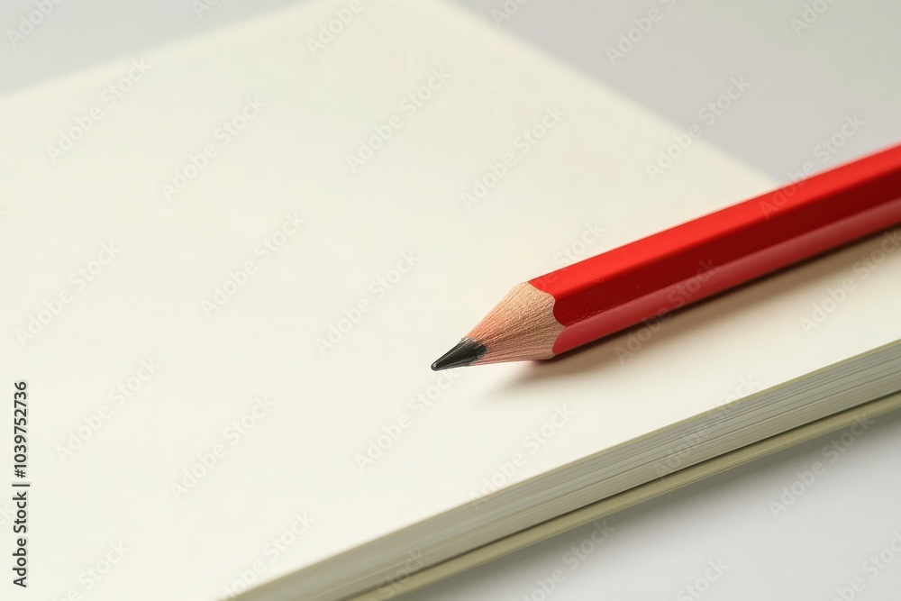 The image shows a neatly arranged workspace with a red pencil placed beside a blank, open notebook. This setup is ideal for designers seeking inspiration or sketching ideas. The image shows a neatly arranged workspace with a red pencil placed beside a blank, open notebook. This setup is ideal for designers seeking inspiration or sketching ideas.