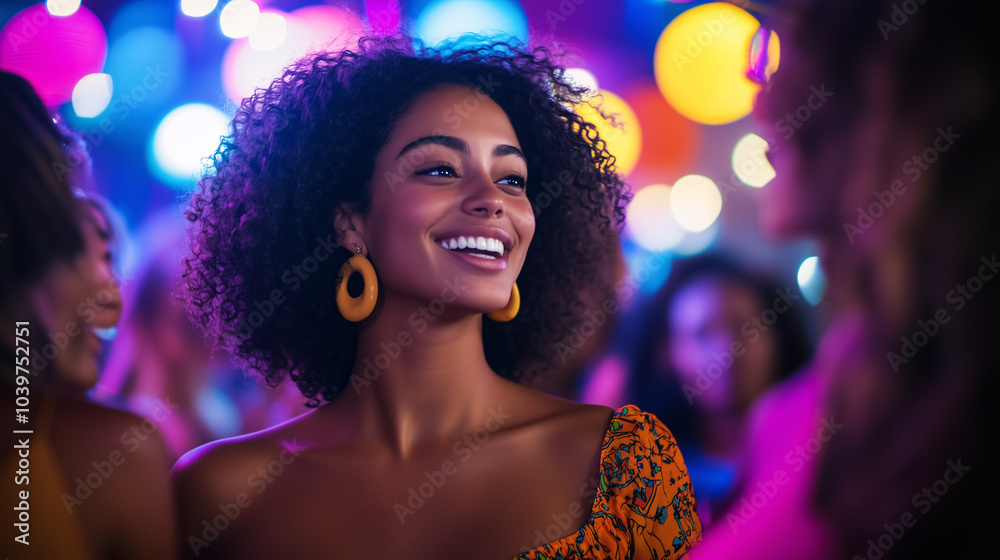 Smiling woman at a social event in colorful lighting Smiling woman at a social event in colorful lighting