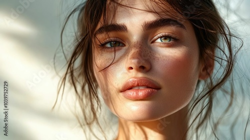 Serene and Luminous   A captivating portrait of a model with glowing dewy skin standing in soft warm sunlight against a minimalist atmospheric background