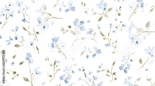  seamless floral pattern with soft blue flowers and green stems on a white background, ideal for textiles, wallpapers, and stationery, adding a fresh and natural vibe. seamless pattern blue flower