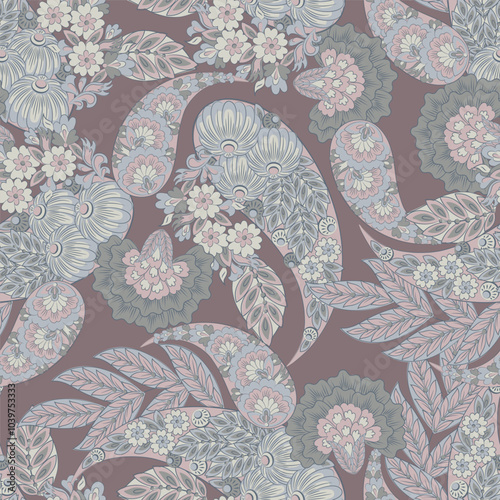Digital vector textile print. Seamless Design suitable for covers, fabrics, textiles, wrapping paper, featuring an antique Thai pattern Paisley Indian motifs and decorative floral elements