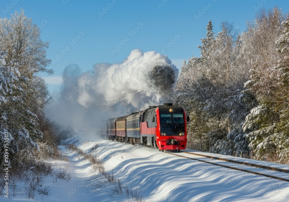 Red steam train leaving a white smoke plume while traveling on snowy railway tracks through a sunny winter forest Red steam train leaving a white smoke plume while traveling on snowy railway tracks through a sunny winter forest