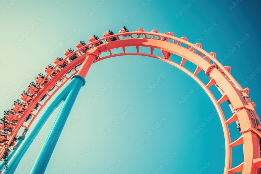 Obraz premium Thrill-seekers experience the rush of a rollercoaster as it climbs to incredible heights against a vibrant blue sky. The amusement park buzzes with excitement and anticipation from onlookers.