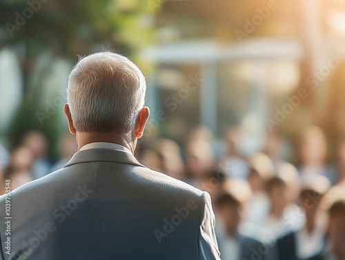 Back view of a senior speaker addressing a crowd photo